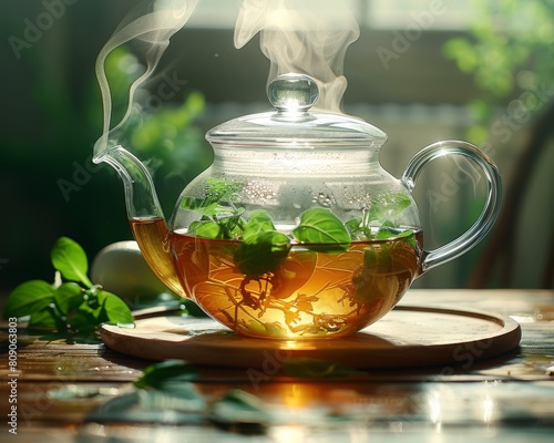 herbal tea in a glass teapot on a wooden table