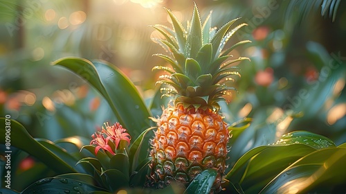 Ripe yellow pineapple with the spiky crown photo