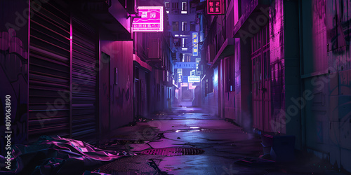 City alleyway with neon lights. Night view of a quiet street.