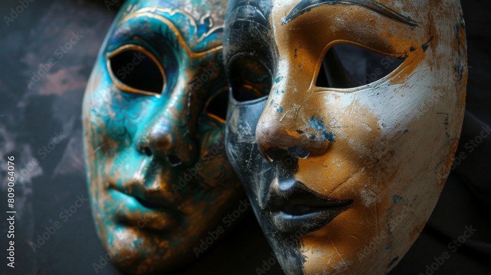 Close up of two theatrical masks are good and evil on dark, rustic, vintage, background with copy space Close up of two theatrical masks are good and evil on dark, rustic, vintage, background with copy space