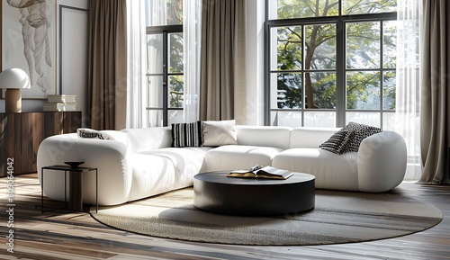 Modern white sofa in the living room, with a round coffee table and chairs 