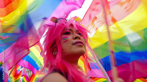 Joyful individual with pink hair celebrating Pride Parade, surrounded by vibrant rainbow flags, embodying LGBTQ+ community and diversity