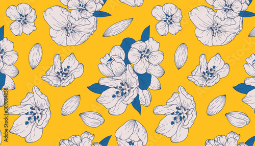 Seamless vintage-style pattern with blooming almond. Vector illustration featuring vibrant trendy colors in a botanical style. Suitable for textiles, backgrounds, prints, wrapping paper, covers.
