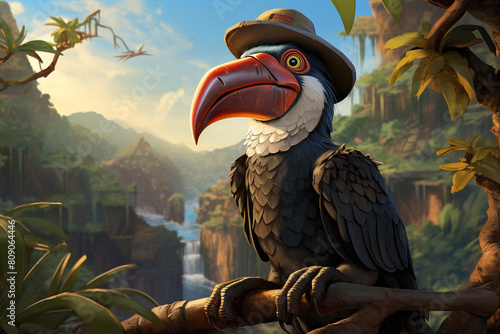 A cartoon toucan wearing a pith helmet is sitting on a branch in the jungle. photo