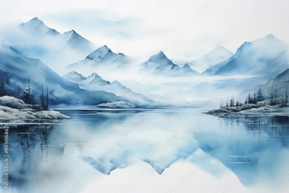 A watercolor painting of a mountain lake