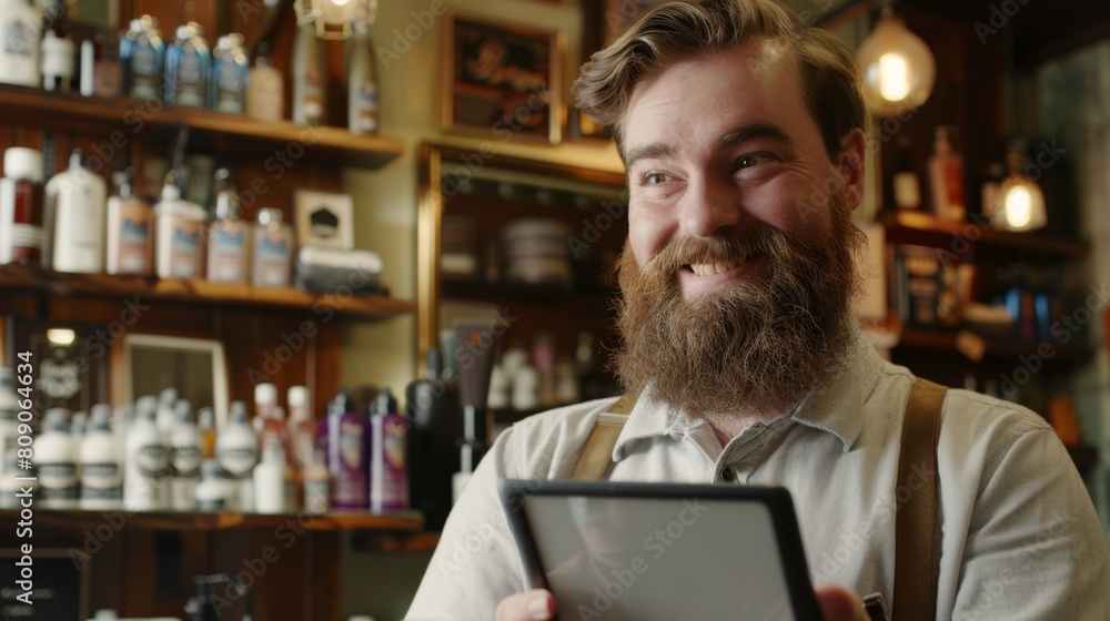 Smiling Bearded Man with Tablet