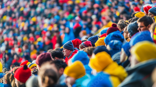 Crowd of diverse spectators wearing colorful winter hats at an outdoor sporting event, capturing the spirit of teamwork and winter sports photo