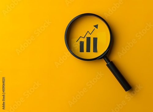A magnifying glass with bar chart icon in black on a yellow background. Magnifying glass with statistical graph in business growth concept in top view.
