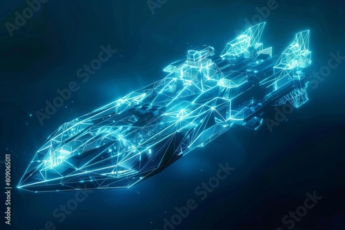 digital ship made of glowing 3d triangular polygons