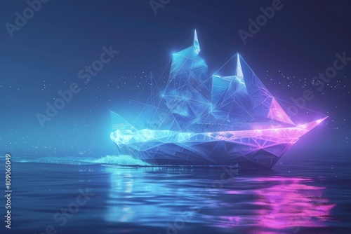digital ship made of glowing 3d triangular polygons