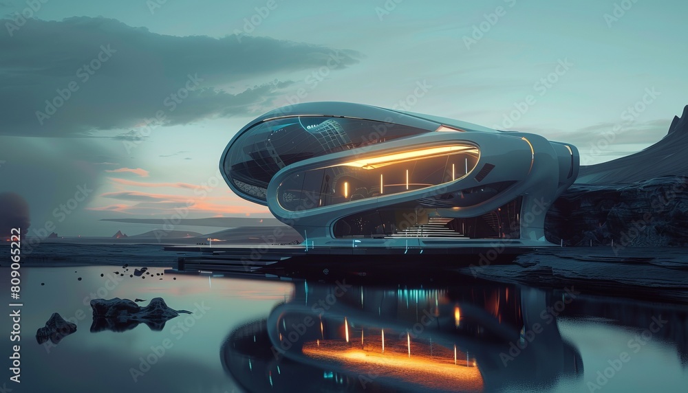 Fototapeta premium futuristic smart house on glossy reflective water surface