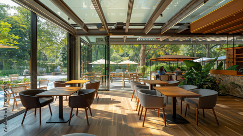 A bright  contemporary cafe with glass walls overlooking a garden  where patrons sit and enjoy their time
