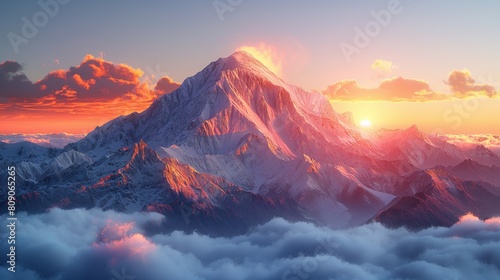 Mountain shrouded in clouds at sunset.