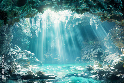 Ethereal Sunlight Dance in the Underwater Grotto