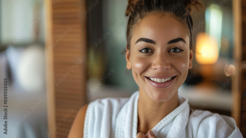 Portrait of a cheerful young woman in a white bathrobe enjoying a self-care day, perfect for wellness and International Women's Day themes Portrait of a cheerful young woman in a white bathrobe enjoying a self-care day, perfect for wellness and International Women's Day themes