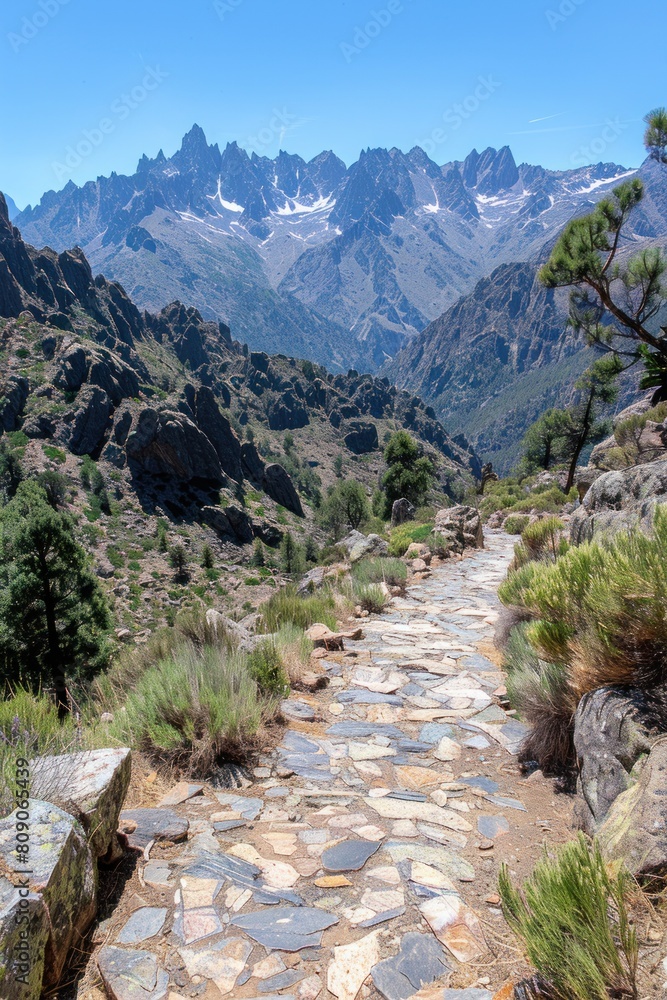Stone path cutting through mountain range landscape Stone path cutting through mountain range landscape