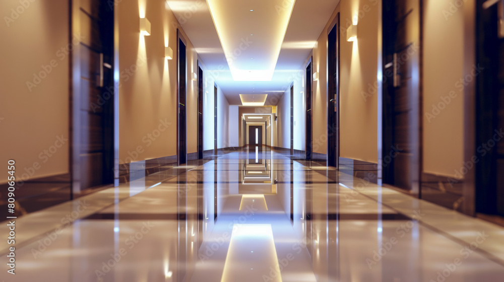 Modern hotel corridor with gleaming floors and LED lighting, perfect for concepts related to travel, luxury accommodation, and business conferences