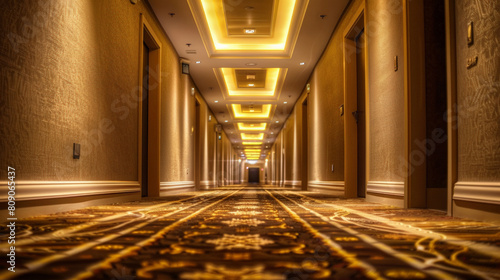 Elegant hotel corridor with warm ambient lighting and luxurious carpet, ideal for business travel, hospitality industry themes, and upscale accommodation settings photo