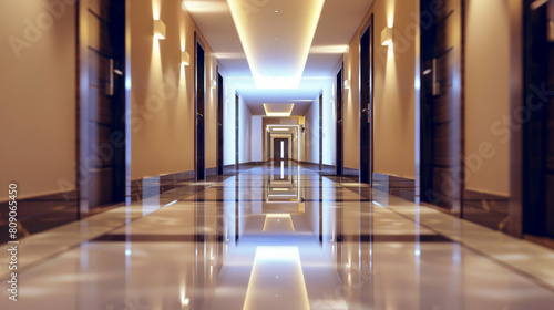 Modern hotel corridor with gleaming floors and LED lighting  perfect for concepts related to travel  luxury accommodation  and business conferences