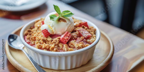 Gourmet rhubarb crumble topped with a scoop of vanilla ice cream and fresh mint, perfect for dessert menus and summer culinary events