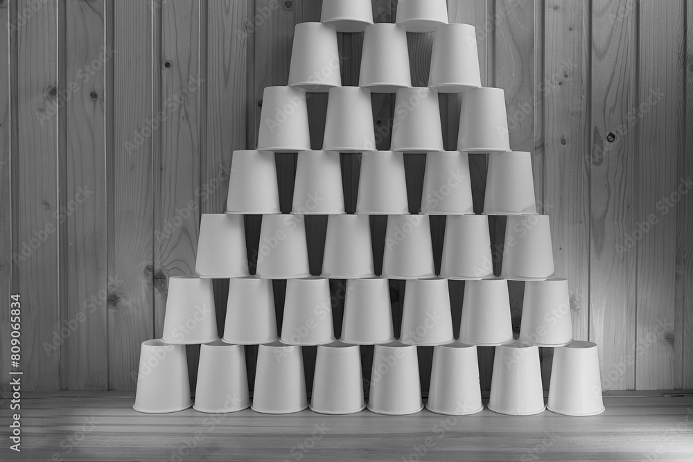Pyramid of white paper cups on wooden background, pyramid of paper cups ...