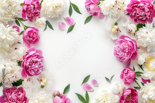 Wallpaper Mural Flowers composition. Flat lay. Top view. Border frame made of pink and beige peonies isolated on white background. Gentle peonies and ranunculus. Beautiful backdrop for design. Floral assorted peony Torontodigital.ca