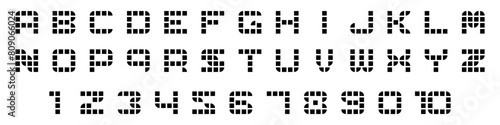 Pixel block alphabet font. Led display font. Digital scoreboard alphabet letters. Vector illustration isolated on white background. photo