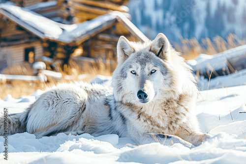 Gray wolf with thick fur resting outside a rustic cabin in a snowy environment. photo