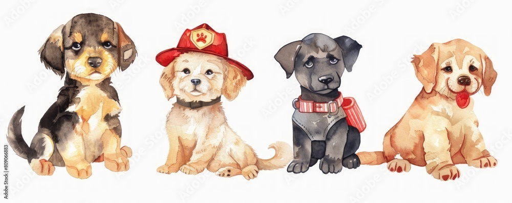 Four puppies are sitting in a row, with one wearing a fireman's hat Four puppies are sitting in a row, with one wearing a fireman's hat