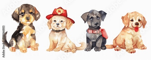 Four puppies are sitting in a row, with one wearing a fireman's hat