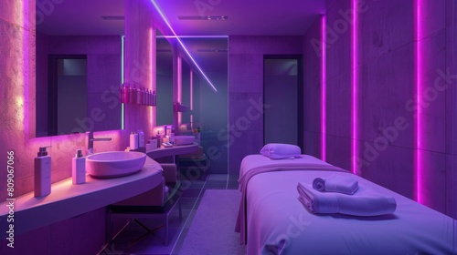 A contemporary spa room adorned with neon purple and blue lights, featuring massage tables and sink area. © Emiliia