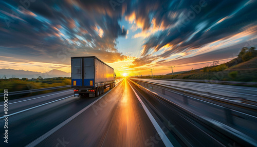 A large semi truck is driving down a highway at sunset by AI generated image photo
