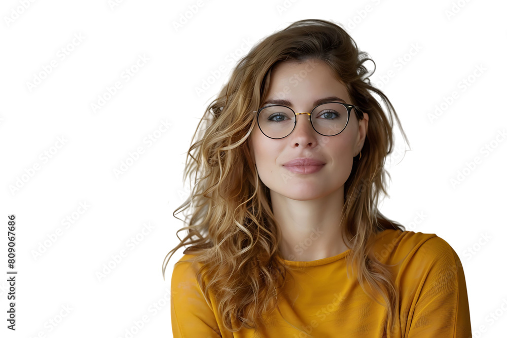 Obraz premium Confident woman in yellow top on isolated transparent background