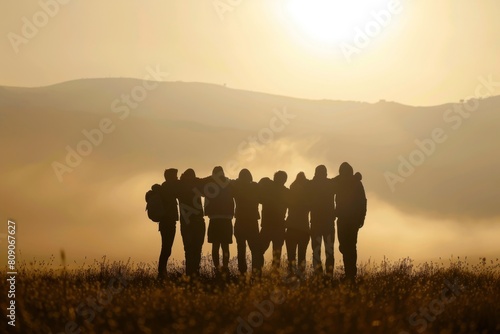 A group of friends standing in silhouette against the backdrop of an open field  arms around each other s shoulders as they gaze towards the horizon with their backs to camera Generative AI
