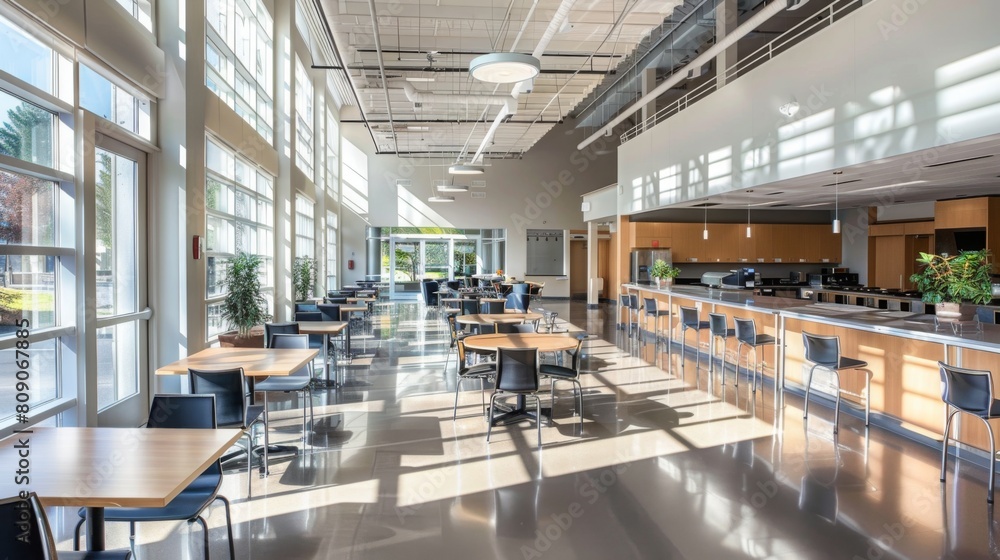 A spacious and well-lit cafeteria with tables, chairs, and a serving area, bathed in sunlight through large windows.