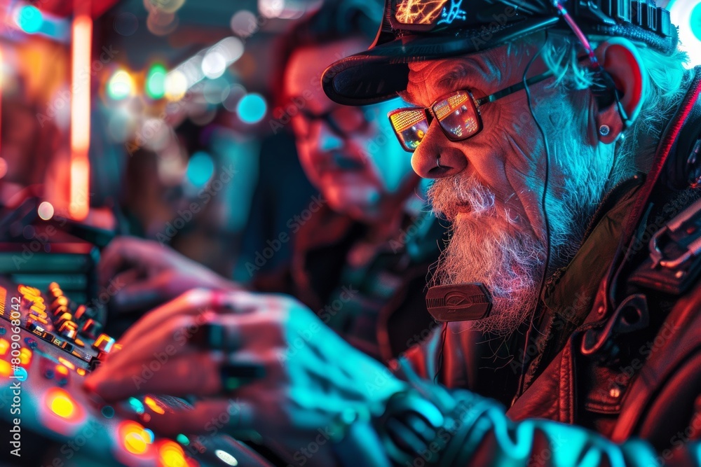 senior people having fun at rave cyberpunk party event at night club with neon light senior people having fun at rave cyberpunk party event at night club with neon light