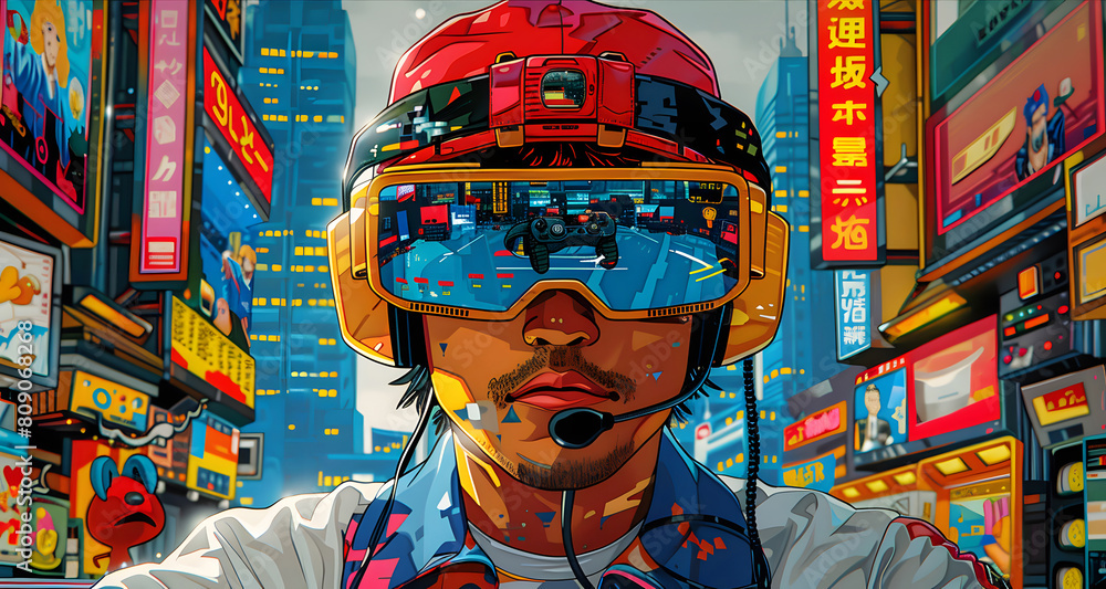 Digital art of a young man wearing advanced gaming headgear, immersed in a vibrant neon cityscape filled with digital displays Digital art of a young man wearing advanced gaming headgear, immersed in a vibrant neon cityscape filled with digital displays