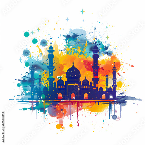 watercolor painting Eid al adha islamic logo t-shirt poster design.Eid al adha, eid al fitr concept illustration background,Generative Ai