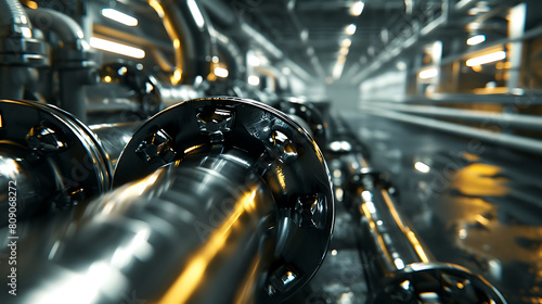 Metallic pipeline in the gas plant factory. Oil refinery, petroleum industry concept.