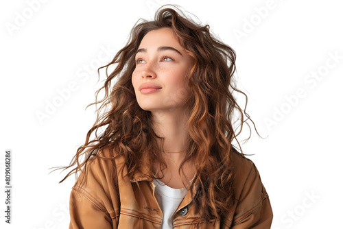 Young woman standing looking aside on isolated transparent background