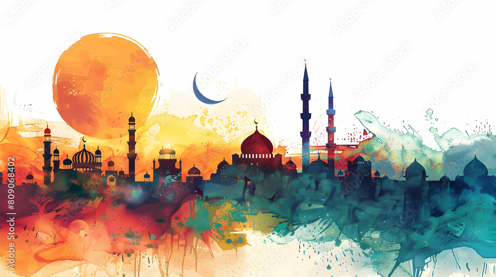 Obraz premium watercolor Eid al adha ,eid al fitr islamic card,background,Generative Ai