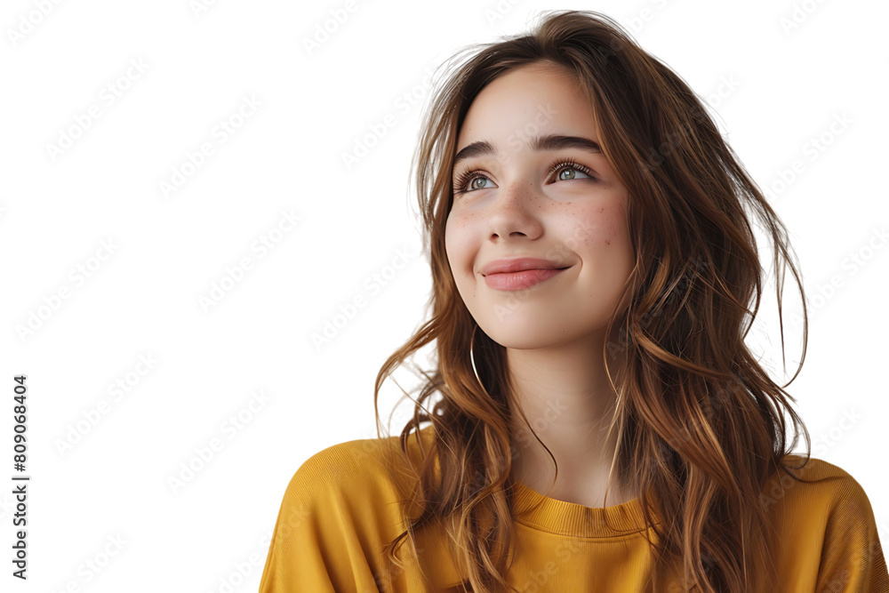 Young woman standing looking aside on isolated transparent background
