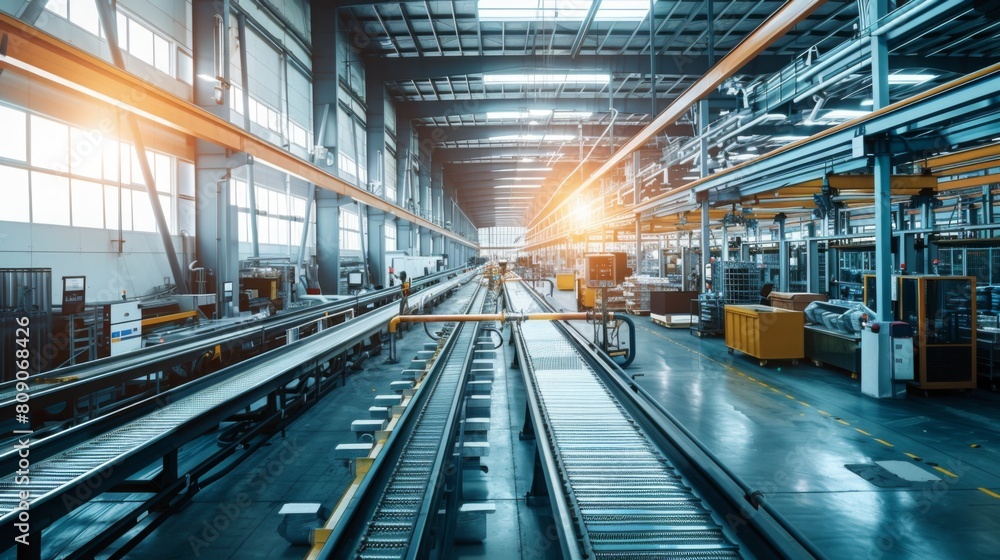 A factory interior with a conveyor belt running through the middle, transporting goods or materials for manufacturing processes. A factory interior with a conveyor belt running through the middle, transporting goods or materials for manufacturing processes.