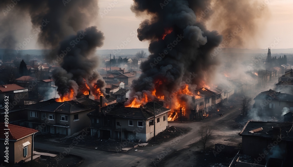 burning, destroyed houses from an explosion