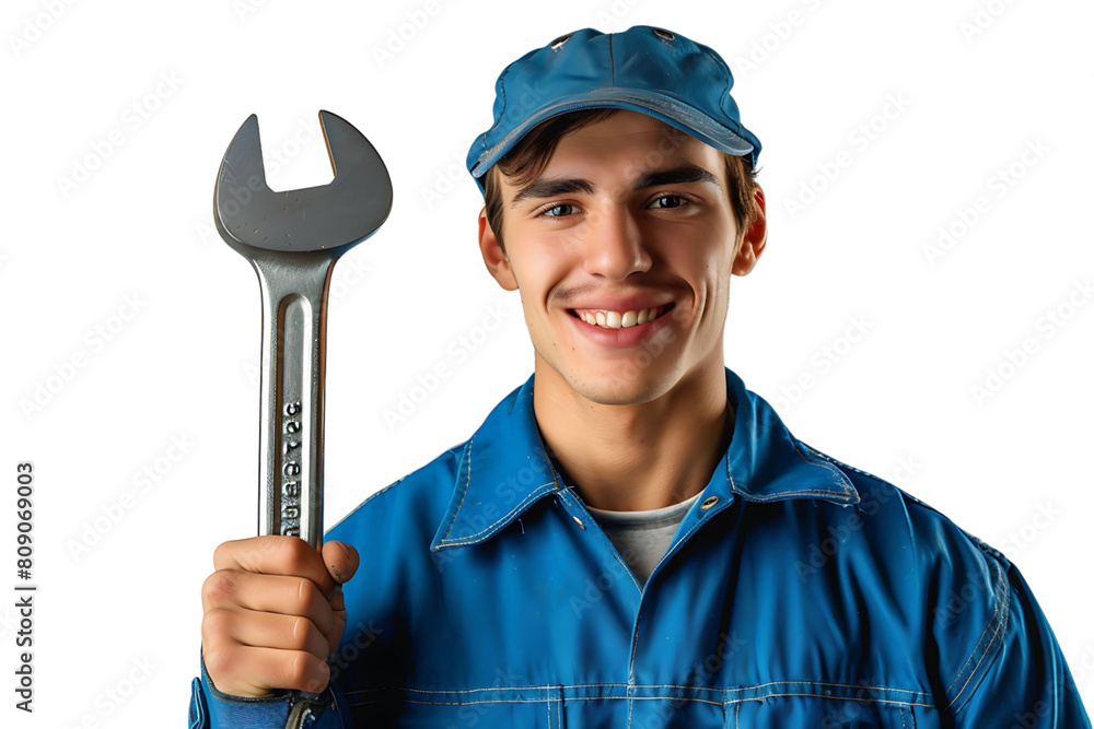 Portrait of a young mechanic holding a wrench on isolated transparent background Portrait of a young mechanic holding a wrench on isolated transparent background