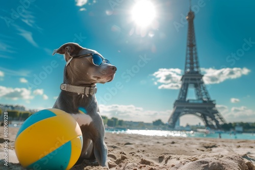 Adorable silver Weinerman dog playing beach volleyball with modern sunglasses, Eiffel tower in the background photo