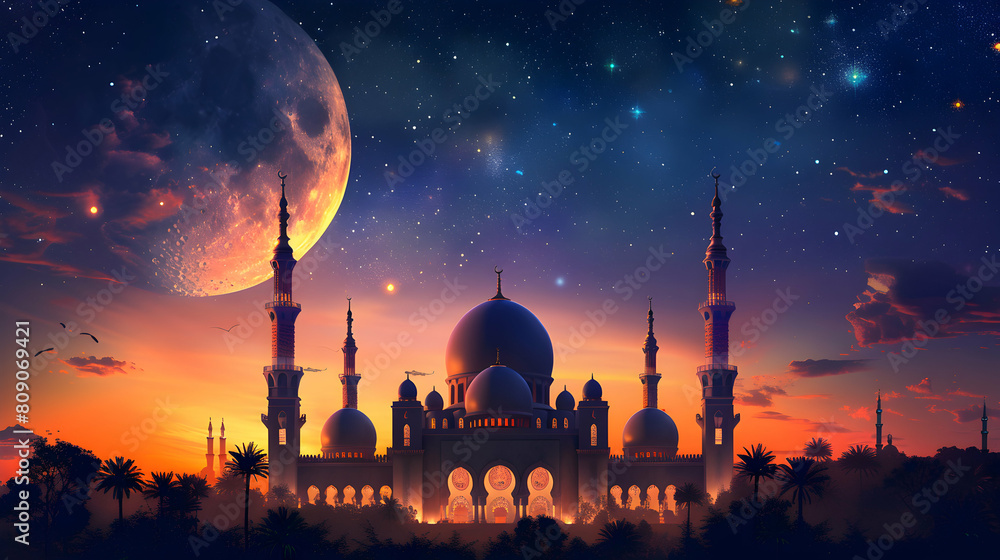 Mosque with crescent moon and star Eid al adha ,eid al fitr islamic background,Generative Ai