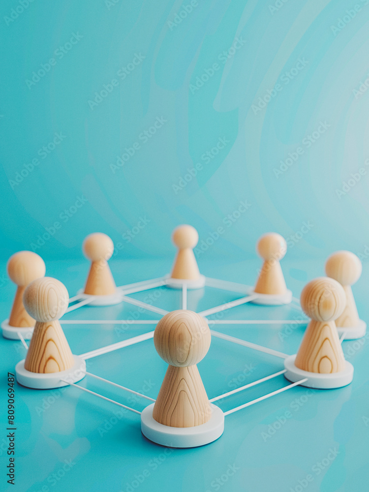 Obraz premium 3d render of wooden figurines placed to represent nodes within white circular outlines interconnected by white lines on a soft blue background, illustrating a network concept or social connections.
