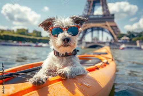 Adorable silver Weinerman dog on kayak with sunglasses, Eiffel tower view photo