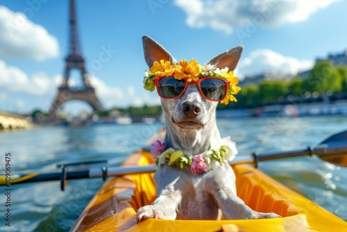 Adorable silver Weinerman dog on kayak with sunglasses and flower chain, enjoying a view of the Eiffel tower on a summer vacation. © Jennie Pavl